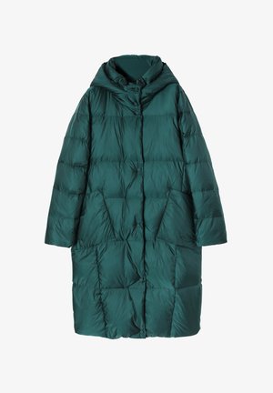 Green padded coat with a high collar, featuring a button closure and two front pockets. Textured surface with stitched puffs for insulation.