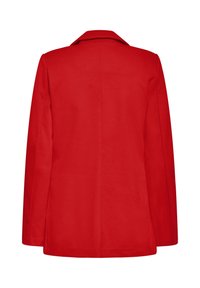 Veste blazer rouge pour femme vue de dos avec manches longues et col cranté sur fond blanc.