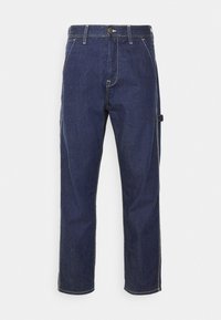 Dark blue denim cargo pants with yellow stitching, side pockets, and a straight fit design. Features a button and zipper closure.