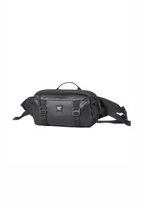 Borsa a tracolla nera in nylon resistente, con tracolla regolabile, scomparto principale con zip, fibbie laterali e maniglia superiore per un facile trasporto.