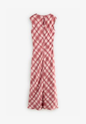 Robe sans manches en rose avec un motif à carreaux, fabriquée en tissu léger. Présente un dos avec une ouverture en forme de clé et une silhouette droite.