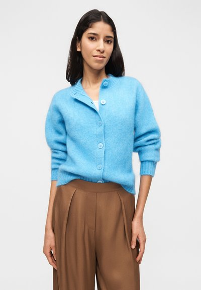 Γυναίκα που φοράει ανοιχτό μπλε μοχέρ ζακέτα με κουμπιά και καφέ χαλαρό παντελόνι ψηλόμεσο, στέκεται μπροστά σε απλό λευκό φόντο.