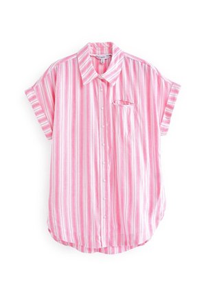 Chemise à manches courtes avec boutons, rose à rayures blanches. Dotée d'un col et d'une poche poitrine unique. Tissu doux et léger.
