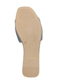 Blue woven upper material with a textured sole. Light tan rubber sole, featuring a diamond-pattern grip. Size marked as 36.
