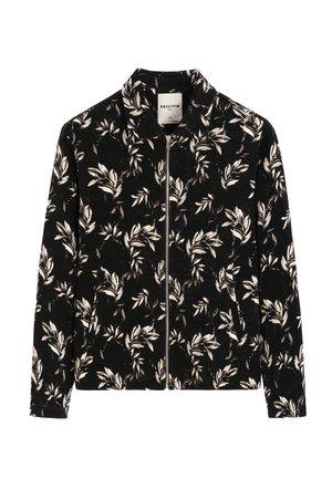 Veste noire zippée avec motif feuilles blanches et grises et petit col, étiquetée Frilivin, manches longues, poches avant.