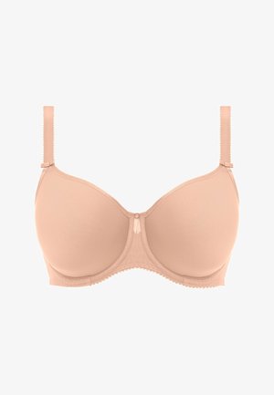 Hellbeige gepolsterter Unterwired-BH mit verstellbaren Trägern, glatter Textur, gewellten Details an den Kanten und einem zentralen Schleifenakzent.