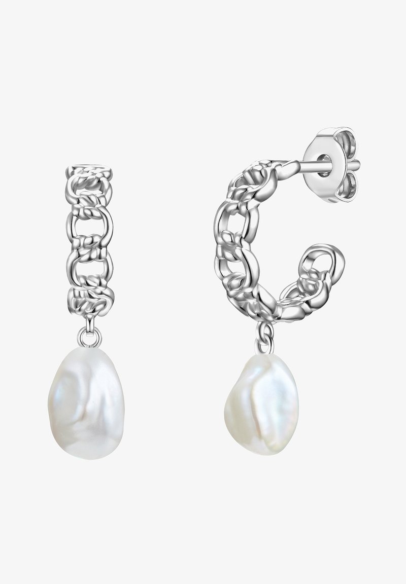 Sidabrinės auskarai žiedai su sujungto grandinės dizainu ir vienu nereguliariai formuotu balto perlų pakabuku. Lygus paviršius su metaliniu blizgesiu.