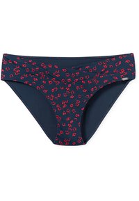 Marineblauwe bikini onderkant met rood bloemenpatroon, met een geplooide tailleband en een gladde textuur. Geschikt voor zwemmen en strandkleding.