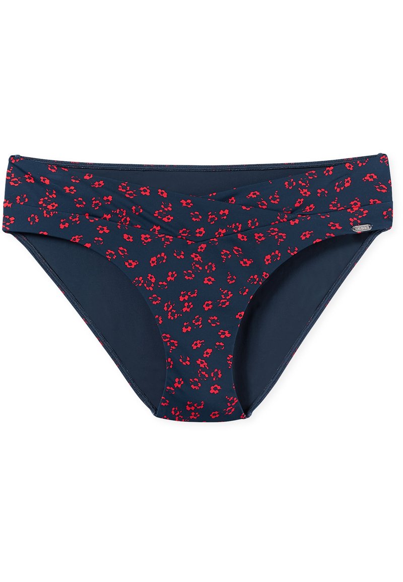 Dunkelblauer Bikiniunterteil mit rotem Blumendesign, featuring einen gerafften Bund und einer glatten Textur. Geeignet für Schwimmen und Strandmode.