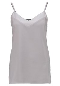 Top grigio con spalline sottili e scollatura a V, realizzato in tessuto morbido, con taglio dritto e spacco laterale.