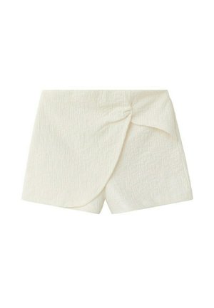 Shorts style portefeuille texturés couleur blanc cassé avec un détail de nœud sur le côté droit avant, présentant un ourlet légèrement asymétrique.