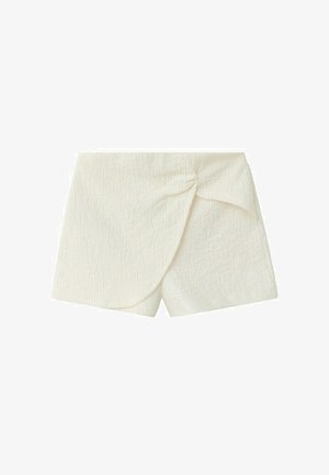 Off-white textured wrap-style shorts with a knot detail on the front right side, featuring a slightly asymmetrical hem.