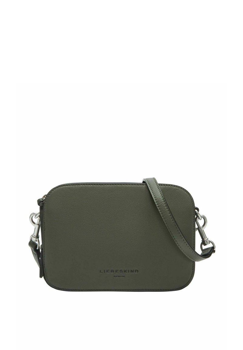 Borsa a tracolla verde in pelle con forma rettangolare, dotata di una tracolla in catena di colore argento e logo in rilievo sul davanti.