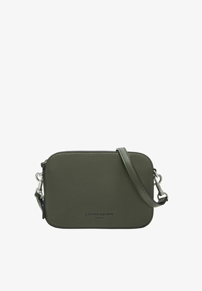 Borsa a tracolla verde in pelle con forma rettangolare, dotata di una tracolla in catena di colore argento e logo in rilievo sul davanti.