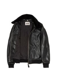 Giubbotto bomber in pelle nera con colletto in shearling, chiusura con zip, polsini a costine e fodera interna trapuntata. Include due tasche laterali.