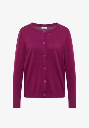 Lila langärmelige Strickjacke mit Knöpfen, rundem Ausschnitt und gerippten Bündchen sowie Saum, mit dem Etikett "Cecil" innen am Kragen.