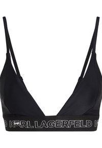 Črn bralet z tankimi nastavljivimi naramnicami, globokim V-izrezom in širokim elastičnim pasom z belim logotipom "KARL LAGERFELD". Gladka tekstura.