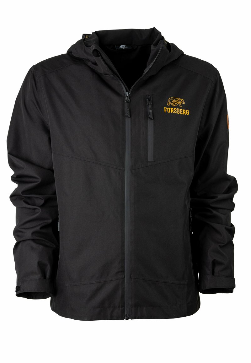 Schwarze Jacke mit einem Reißverschluss vorne und Kapuze. Verfügt über eine Tasche auf der Brust und ein Logo auf der linken Seite. Glattes Material mit elastischen Bündchen.
