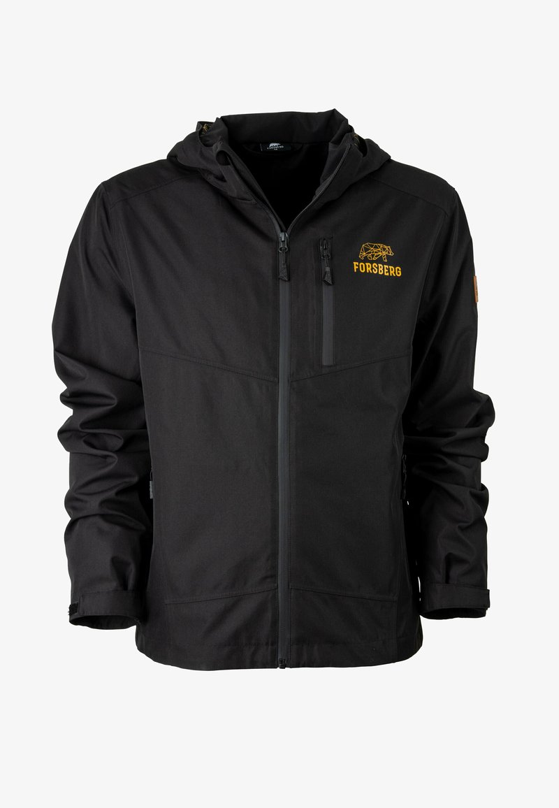 Schwarze Jacke mit einem Reißverschluss vorne und Kapuze. Verfügt über eine Tasche auf der Brust und ein Logo auf der linken Seite. Glattes Material mit elastischen Bündchen.