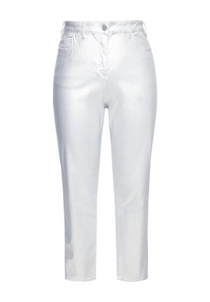 Sølvmetallic jeans med slim fit, fem-lomme design og mid-rise talje. Glat tekstur og en let glans over hele. 