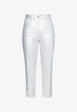Jeans metallici argento con vestibilità slim, design a cinque tasche e vita media. Texture liscia e una leggera lucentezza su tutta la superficie.