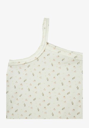 Top de algodón en amarillo pálido con tirantes finos, que presenta una suave textura acanalada y un delicado patrón floral con acentos en rosa y azul.