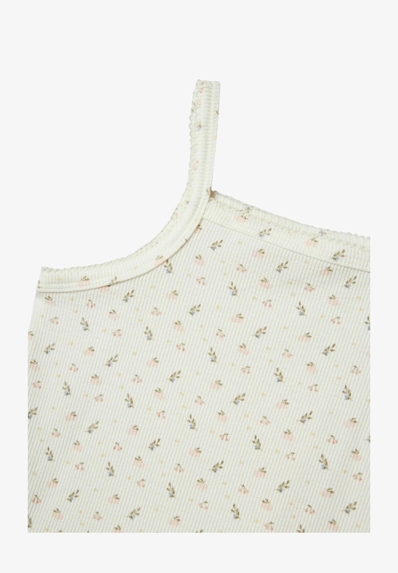 Bawełniany top na ramiączkach w jasnym żółtym kolorze, z cienkimi ramiączkami, charakteryzujący się miękką fakturą prążkowaną i delikatnym wzorem kwiatowym z różowymi i niebieskimi akcentami.