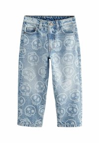 Jean en denim bleu clair avec un imprimé crâne sur toute la surface et un design classique à cinq poches. Présente une taille standard et une coupe droite.