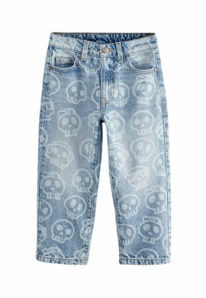 Jeans in denim di colore azzurro chiaro con stampa di teschi su tutta la superficie e design classico a cinque tasche. Dotati di una vita standard e taglio dritto.
