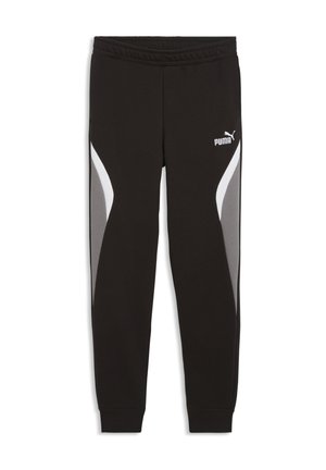 Pantalon de survêtement Puma noir avec des panneaux latéraux gris et blancs, taille élastique, et logo Puma sur la partie supérieure de la cuisse gauche.