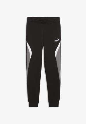 Pantaloni della tuta neri Puma con pannelli laterali grigi e bianchi, vita elastica e logo Puma sulla coscia sinistra superiore.