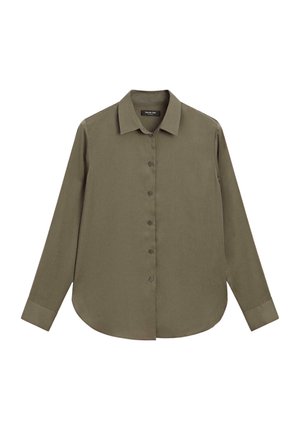 Chemise olive, à manches longues, avec un col pointu, fermeture à boutons, ourlet arrondi et texture de tissu lisse.