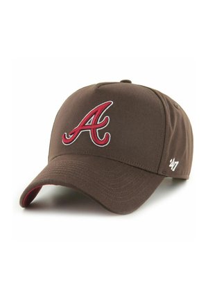 Brown baseball cap with embroidered red "A" logo on the front, curved visor, and soft fabric texture. Features a red underside.