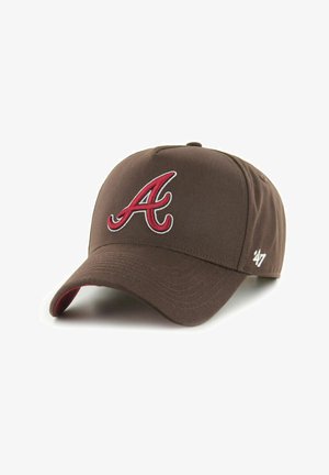 Brown baseball cap with embroidered red "A" logo on the front, curved visor, and soft fabric texture. Features a red underside.