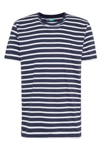 Marineblå og hvide stribede T-shirt med korte ærmer, lavet af økologisk bomuld, med rund halsudskæring og en lomme på venstre side.