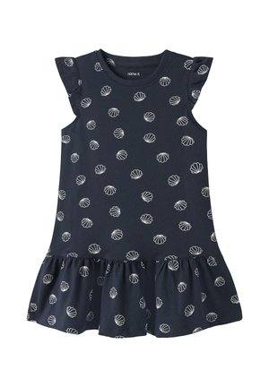 Vestido azul marino para niños con estampado blanco de conchas marinas, mangas con vuelo y bajo con volantes.
