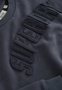 Felpa blu navy con testo "SUPERDRY" ricamato in rilievo sul davanti. Presenta un colletto rotondo e dei polsini a costine, realizzata in un tessuto morbido.