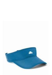 Visera deportiva azul hecha de tejido ligero, con un ala ancha, parte trasera ajustable y un detalle de logo blanco en la parte frontal.