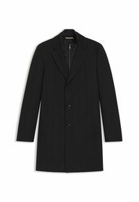 Cappotto nero con colletto a faccetta, design monopetto, tre bottoni, due tasche laterali e un rivestimento interno trapuntato.