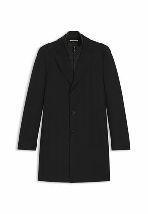 Black overcoat with a notched collar, single-breasted design, three buttons, two side pockets, and a quilted inner layer.
