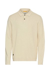 Langærmet polo skjorte i lys beige, med klassisk krave, tre-knaps lukning og et lille logo mærke på siden.