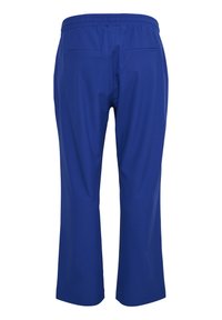 Blaue, leichte Hose mit elastischem Bund, glatter Textur und zwei Gesäßtaschen, weit geschnitten an den Beinen.