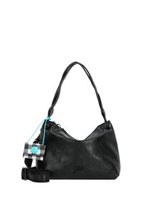 Borsa a tracolla in pelle nera con forma curvata, doppi manici e un'etichetta a quadri con un'accenno turchese. Include una tracolla rimovibile.