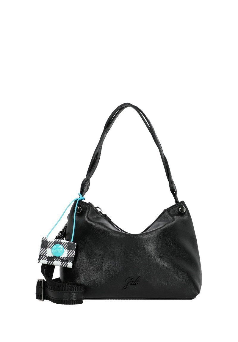 Borsa a tracolla in pelle nera con forma curvata, doppi manici e un'etichetta a quadri con un'accenno turchese. Include una tracolla rimovibile.
