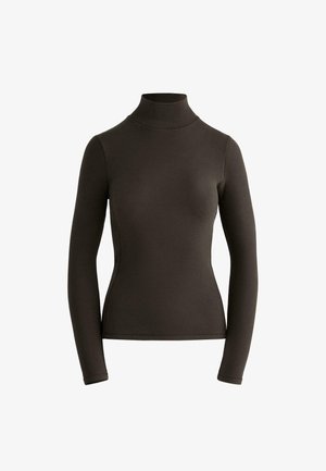 Maglione a collo alto marrone a maniche lunghe, texture liscia, design aderente, con colletto alto e senza motivi visibili, adatto per essere indossato a strati.