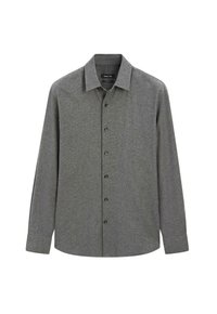 Camicia a maniche lunghe con bottoni in tessuto testurizzato grigio scuro, con colletto classico e bottoni neri lungo la parte anteriore.