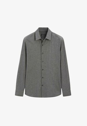 Camicia a maniche lunghe con bottoni in tessuto testurizzato grigio scuro, con colletto classico e bottoni neri lungo la parte anteriore.
