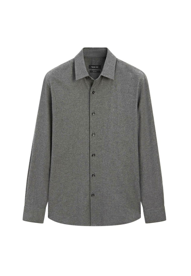 Camicia a maniche lunghe con bottoni in tessuto testurizzato grigio scuro, con colletto classico e bottoni neri lungo la parte anteriore.