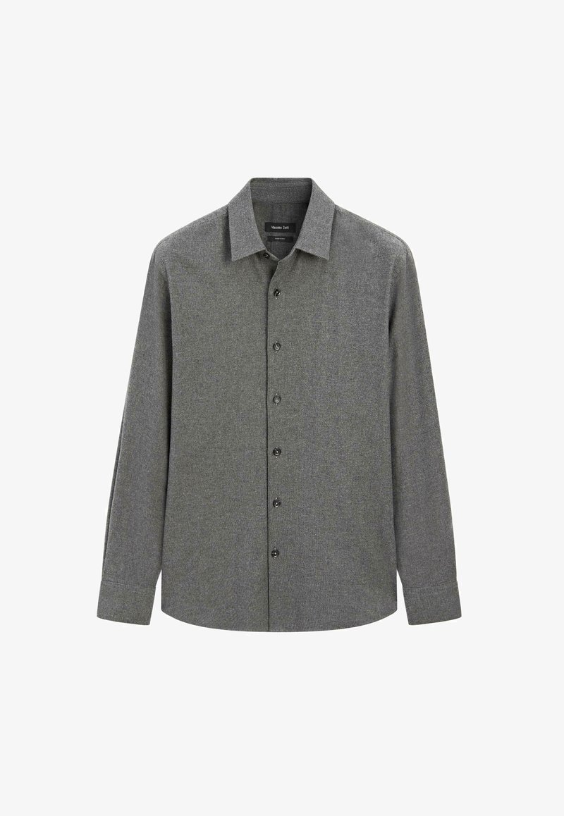 Camicia a maniche lunghe con bottoni in tessuto testurizzato grigio scuro, con colletto classico e bottoni neri lungo la parte anteriore.