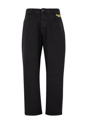 Black denim jeans with a straight cut, featuring a button closure and a pocket decorated with a multicolored logo on the front.